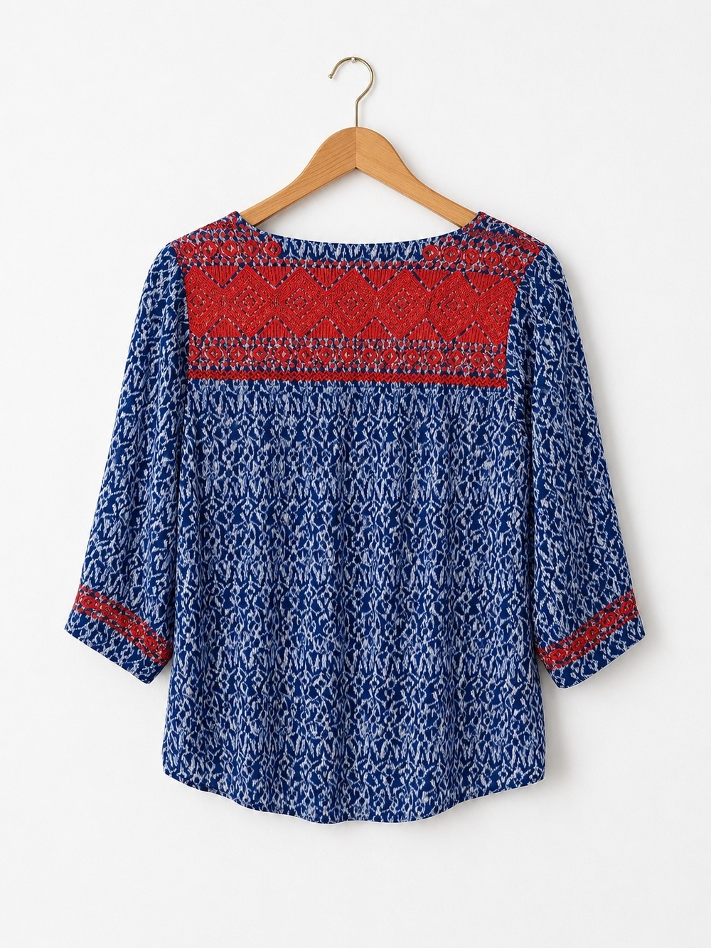 THML Blue Ikat Embroidered Boho Peasant Top Red Embroidery 3/4 Sleeve Women's - Picture 4 of 6